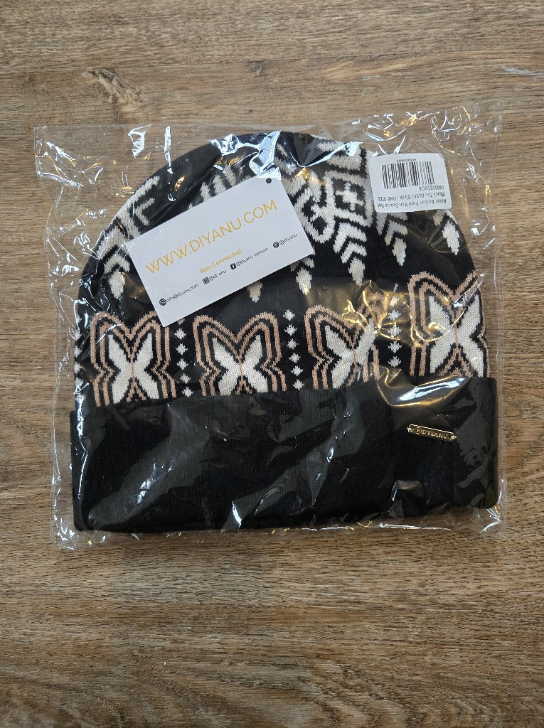 D'iyanu Black Knit Beanie Tan And White Pattern — image 2 of 4